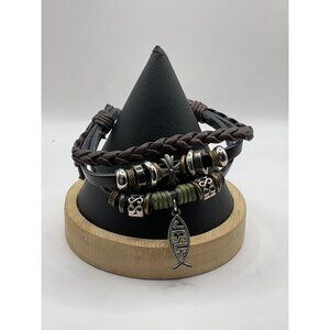 Adjustable Leather Christian Bracele Cross & Ichthys Fish Charms For Men